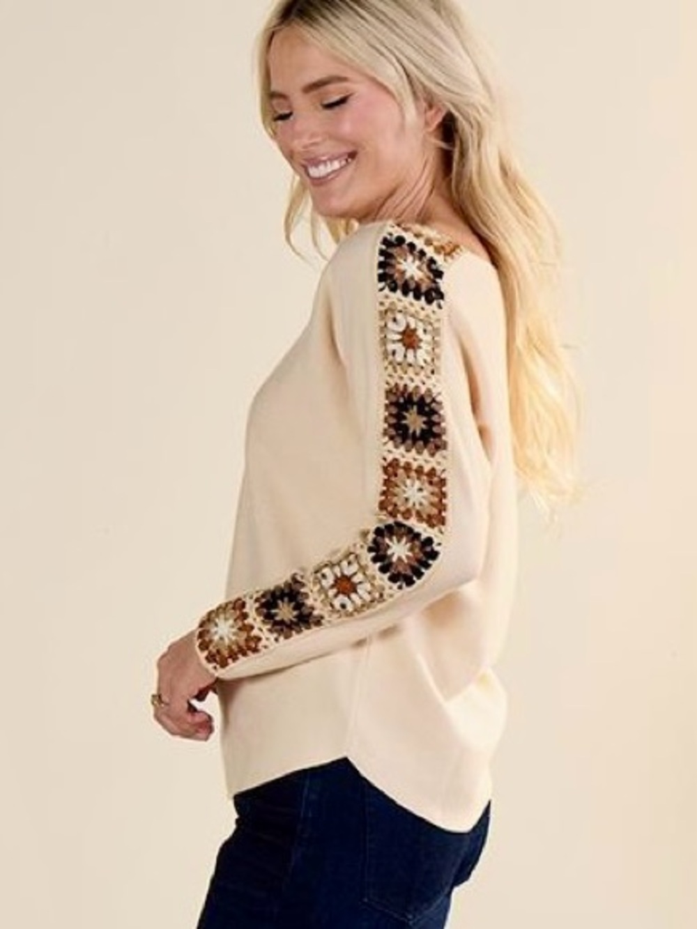 NWOT Cracker Barrel Cream Crochet-Trim Scoop Neck Sweater Size XL